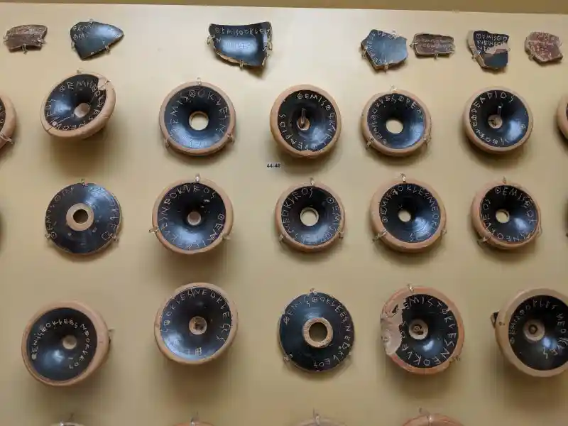 Collection of pottery sherds (ostraka) inscribed with the name of Themistocles prepared for democratic ostracism voting procedure